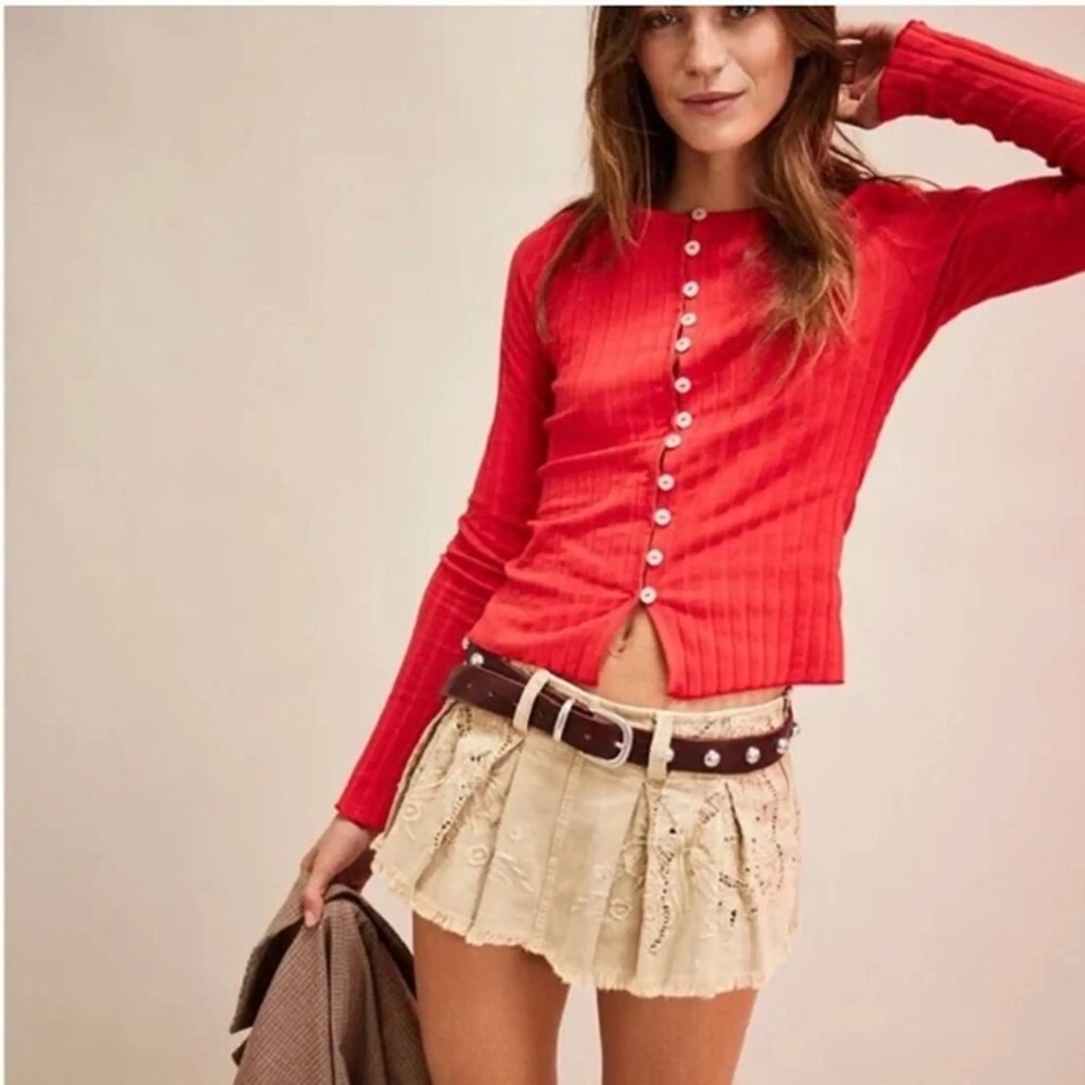 Free People Tilly Red Ribbed Cardigan Top